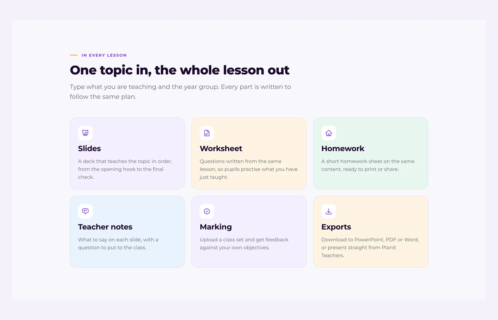 One topic in, the whole lesson out: slides, worksheet, homework, teacher notes, marking and exports