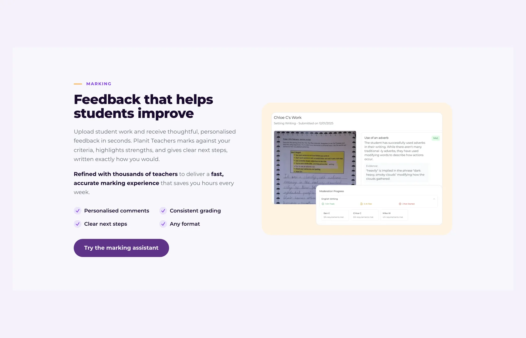 The marking assistant: a piece of handwritten work with feedback, strengths and next steps