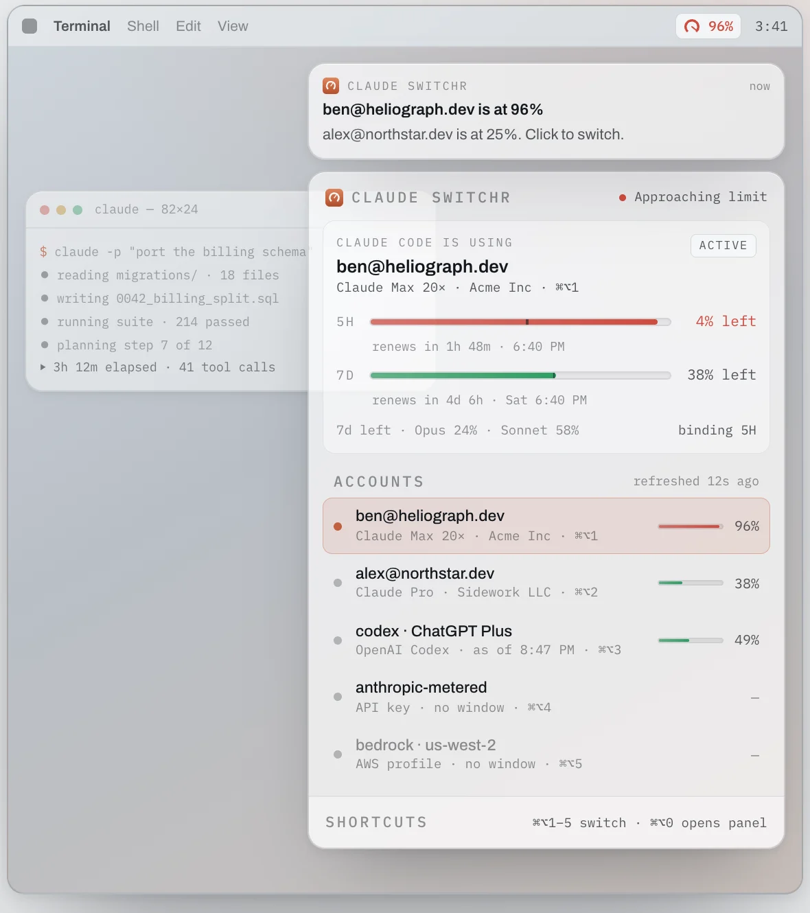 The Switcher panel in the macOS menu bar: the account Claude Code is using, its five hour and seven day limits, and every other account ready to switch to