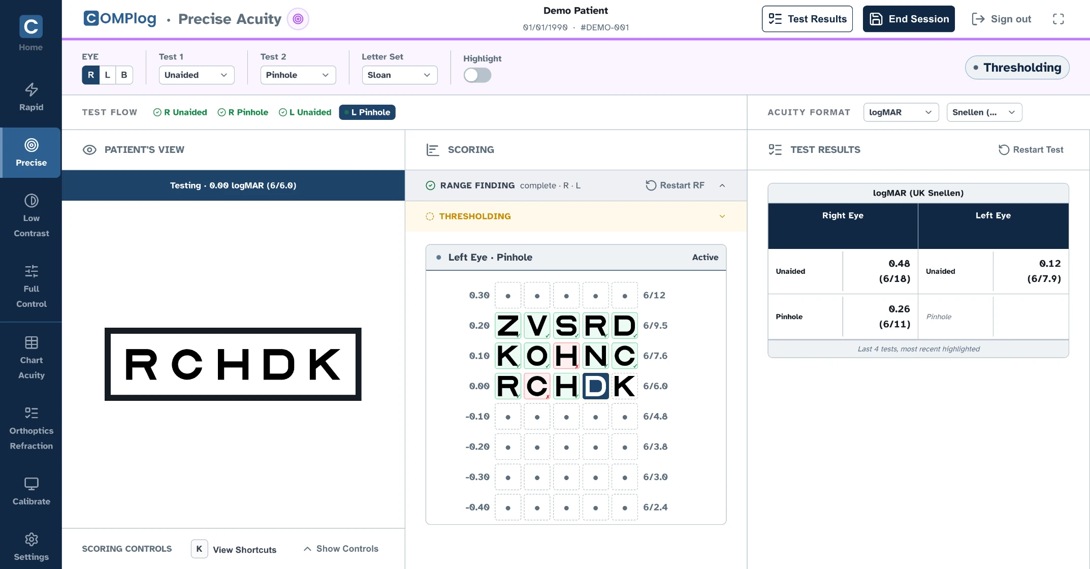 A Precise acuity test in COMPlog: the line RCHDK on the patient's view, the clinician's scoring grid, and the results table with three tests complete
